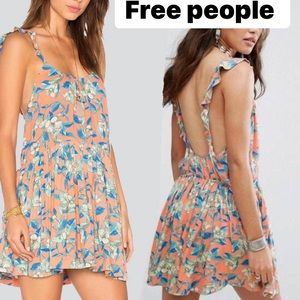 FREE PEOPLE Women's Sz S Orange Blue Green Dear You Ruffle Strap Mini Dr…